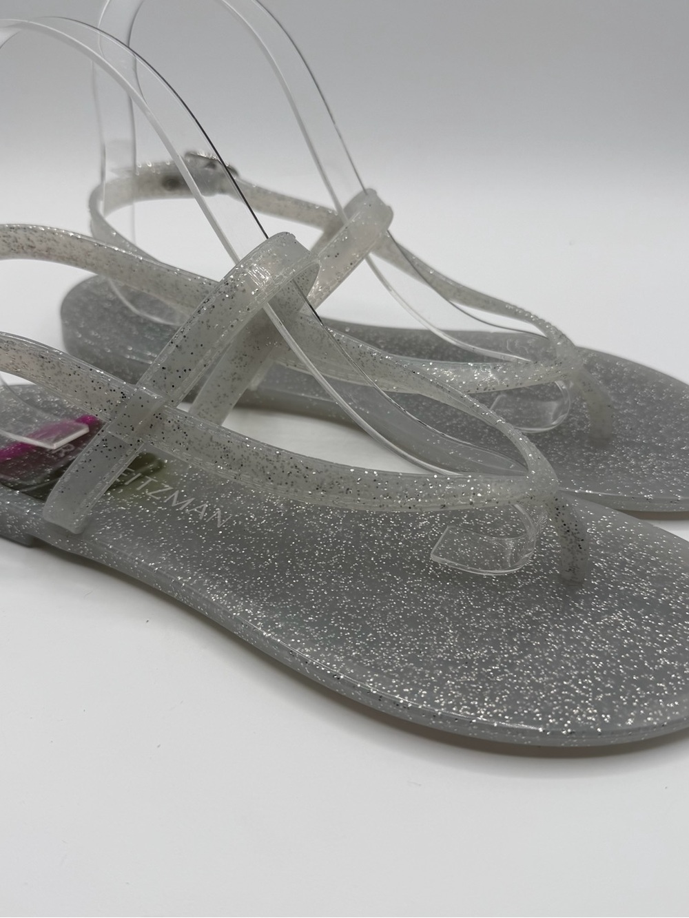 Stuart Weitzman Sallie Jelly Sandals 9 Silver Glitter T Strap Clear NWOB